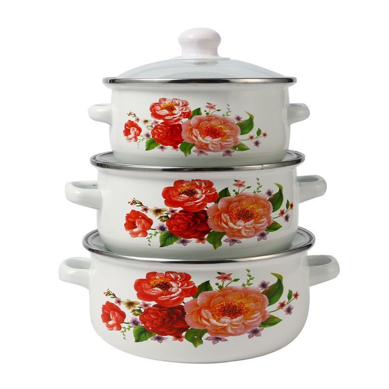 Cooks Tradition Enamel Casserole Camping Pot 3Pcs Enamel Pot Sets with Decal Flower Cover cookware set cooking