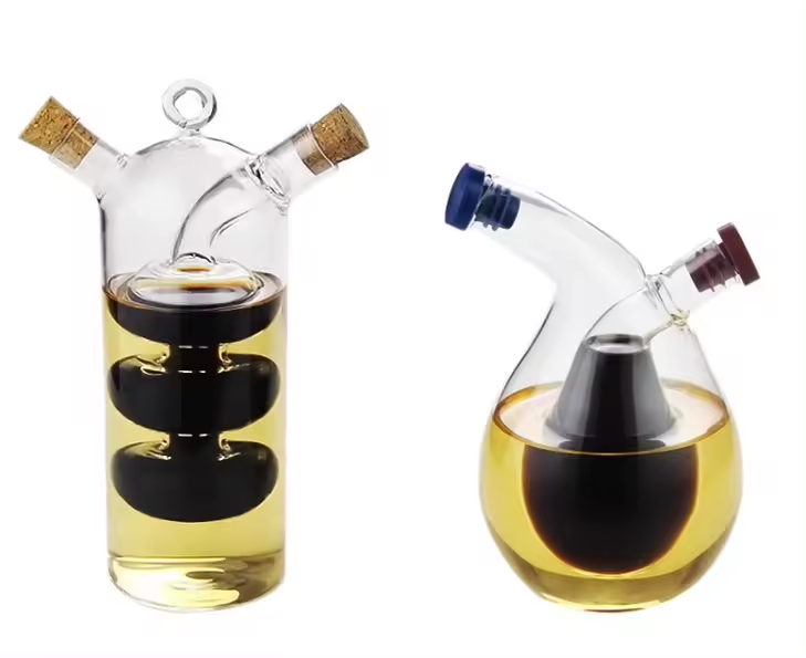 Wholesale 2024 borosilicate olive oil and vinegar dispenser bottle glass gravy boats 2 in 1 double wall caster cruet cork kettle