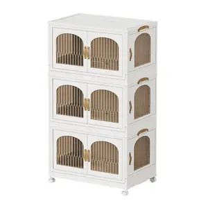 Collapsible Toy Storage Bins with Lids Stackable Cabinet Organizer with Caster Wheels and Double Door foldable storage box