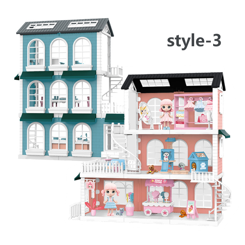 JIESTAR top sell three floors dollhouse play set with 2 pcs dolls casitas para ninas para jugar diy toys set girl toy doll house