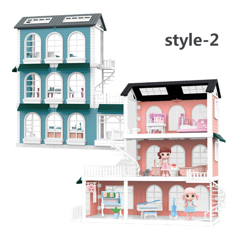 JIESTAR top sell three floors dollhouse play set with 2 pcs dolls casitas para ninas para jugar diy toys set girl toy doll house