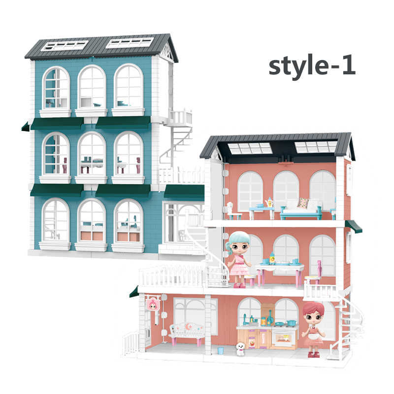 JIESTAR top sell three floors dollhouse play set with 2 pcs dolls casitas para ninas para jugar diy toys set girl toy doll house