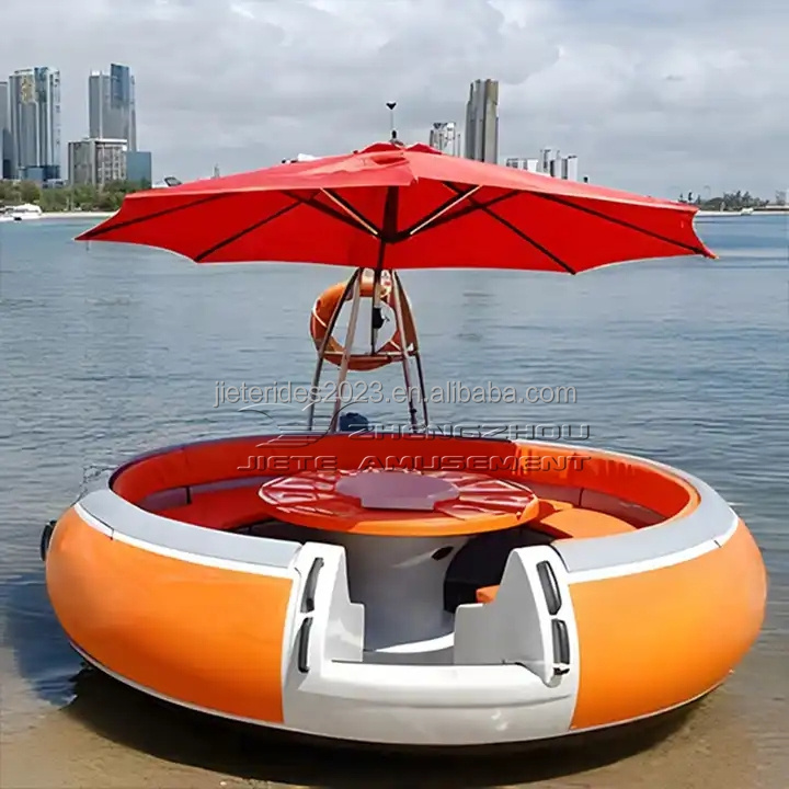 HDPE electric pedal boat for rental gasoline petrol Yamaha Motor bbq donut round floating boat with soft cushion bed for resort