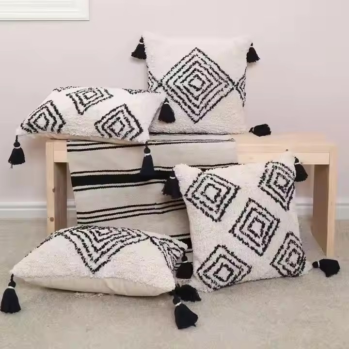 Boho Neutral Square Tassel Decorative Throw Pillow Indoor Outdoor Woven Tufted Couch Sofa Cushion Cover for Home or Hotel