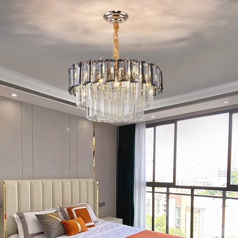 Modern Light Luxury LED Lamps And Lanterns Smoky Gray K9 Crystal Chandelier For Indoor Dining Room Living Room Bedroom