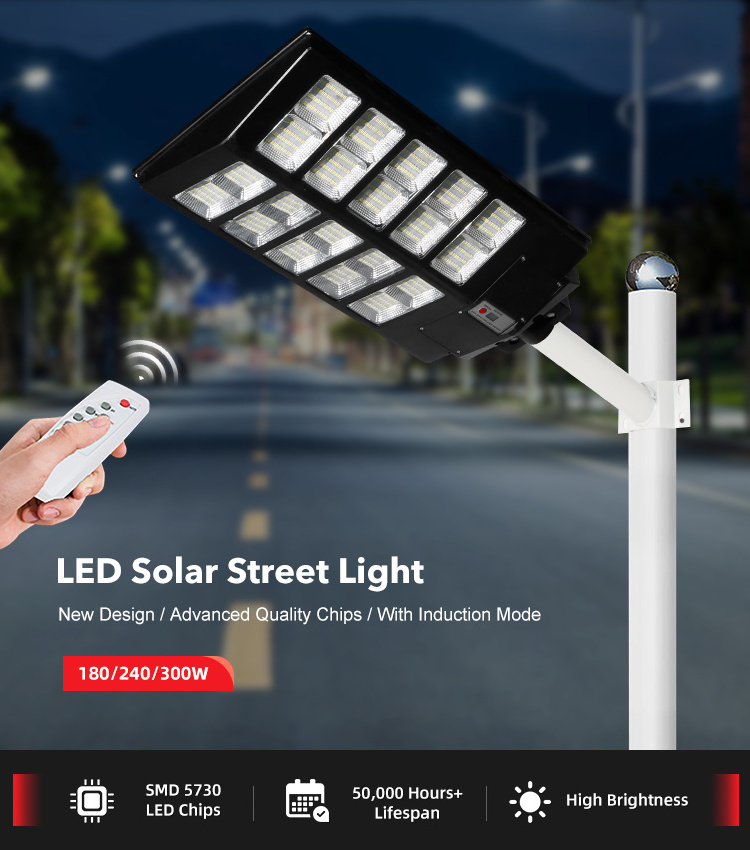 Energy-Saving Outdoor Solar Street Lamp Waterproof IP65 SMD 180-300 Watt All-In-One Integrated 240 Street Lighting