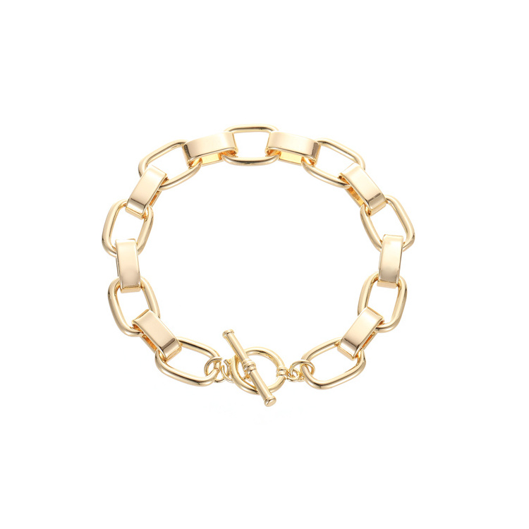 Personalized Trendy 14K Gold Plated Brass Geometric Ladies Toggle Clasp Link Chain Bracelet