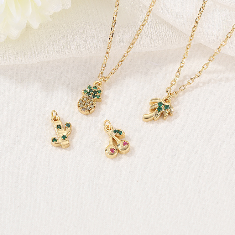 Hawaiian style  Accessories 14K Gold Plated Inlaid CZ Coconut Tree Pineapple Cactus Shape Necklace Charms For Jewelry Making