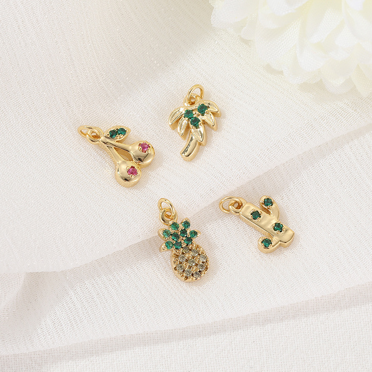 Hawaiian style  Accessories 14K Gold Plated Inlaid CZ Coconut Tree Pineapple Cactus Shape Necklace Charms For Jewelry Making