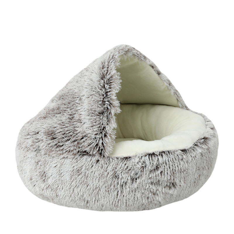 Washable Anti-slip Round Plush Faux Fur Calming Cuddler Donut Dog Pet Cave Bed For Cats With Hooded Blanket Dog Bed