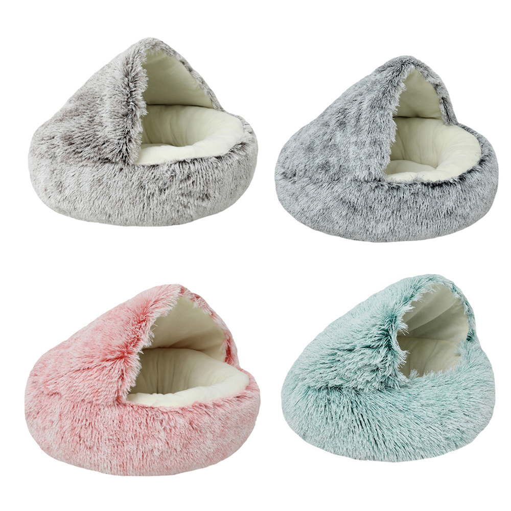 Round Burrowing Comfortable Self Warming Grey Cave Ultrasoft Plush Cat Bed with Large Hood