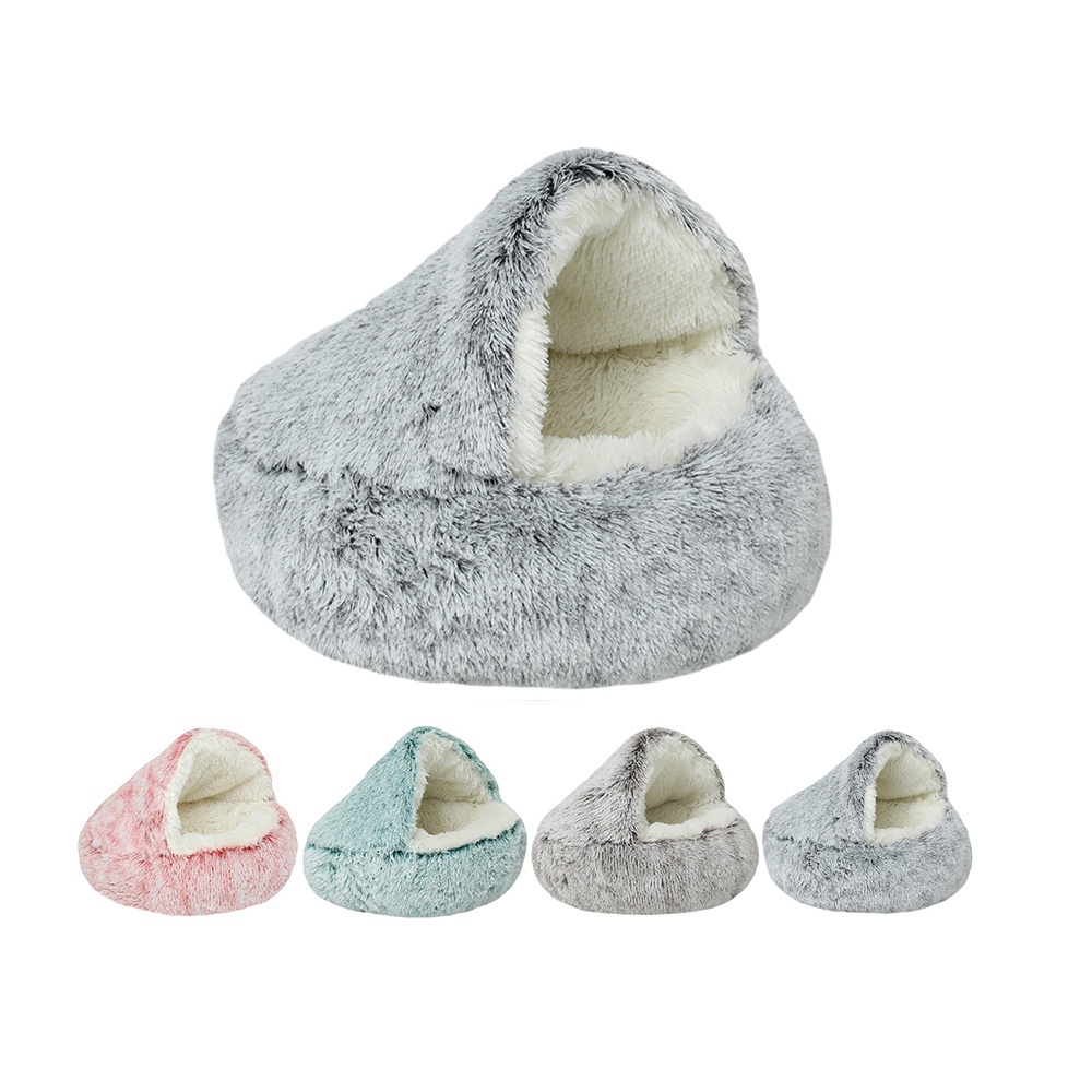 Round Burrowing Comfortable Self Warming Grey Cave Ultrasoft Plush Cat Bed with Large Hood