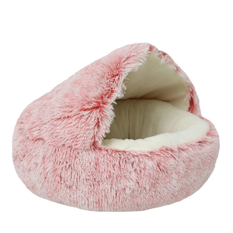 Washable Anti-slip Round Plush Faux Fur Calming Cuddler Donut Dog Pet Cave Bed For Cats With Hooded Blanket Dog Bed