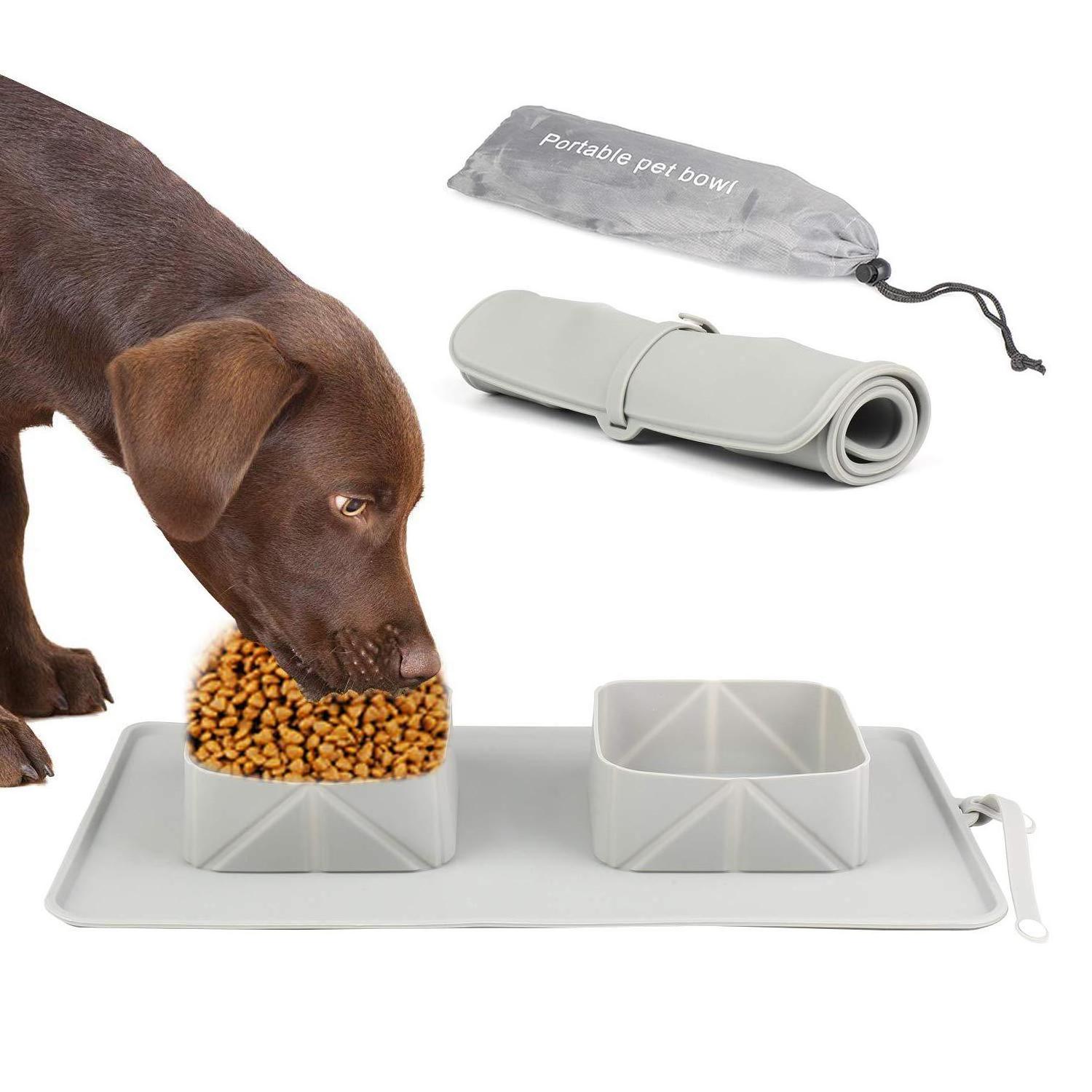 Pet Dog Cat two silicone Steel Dog Bowl with No Spill Non-Skid  Mat Pet Food Scoop Feeder Bowls