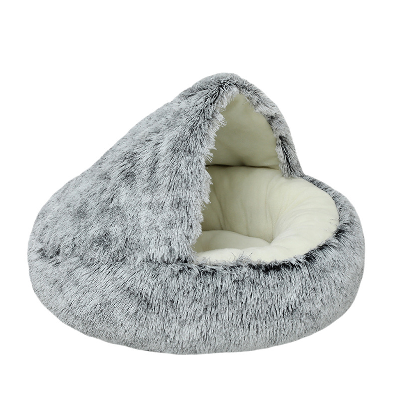 Washable Anti-slip Round Plush Faux Fur Calming Cuddler Donut Dog Pet Cave Bed For Cats With Hooded Blanket Dog Bed