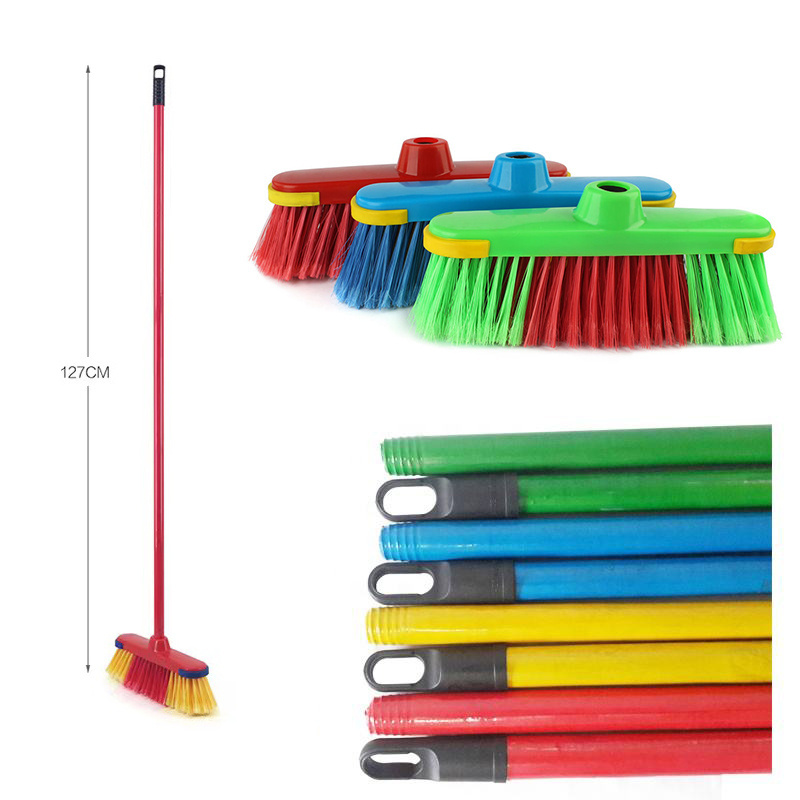 New Design Indoor Plastic Material Push Sweeper Broom Home House Cleaning Broom Brush With Feathered Bristles Floor Broomstick