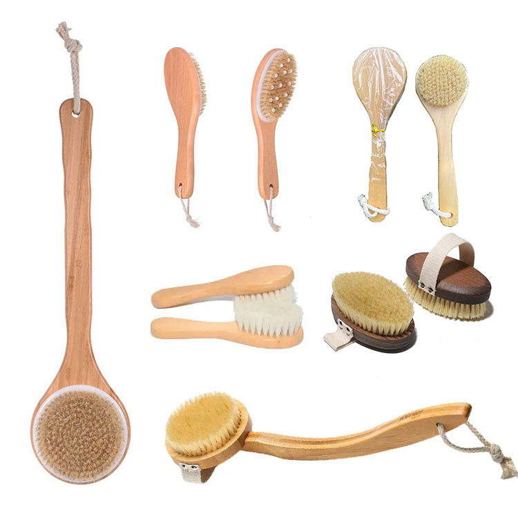 Private Label Custom Popular Design Massage Foot Loofah Long Handle Wooden Bristle Bamboo Bath Body Shower Brush Sponge Scrubber