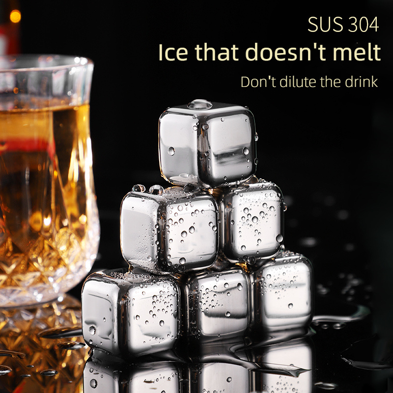 Customized Beer Ice Stones Reusable 304 Stainless Steel Square Beverage Ice Cube With Tong