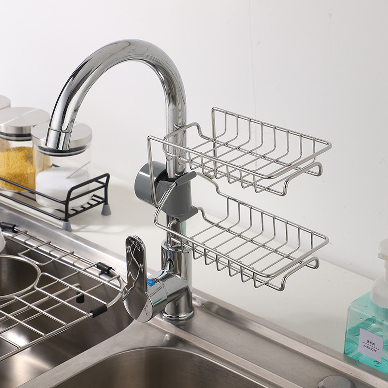 Multi-functional Housrhold Stainless Steel Double Faucet Storage Rack Kitchen Bathroom Sponge Holder