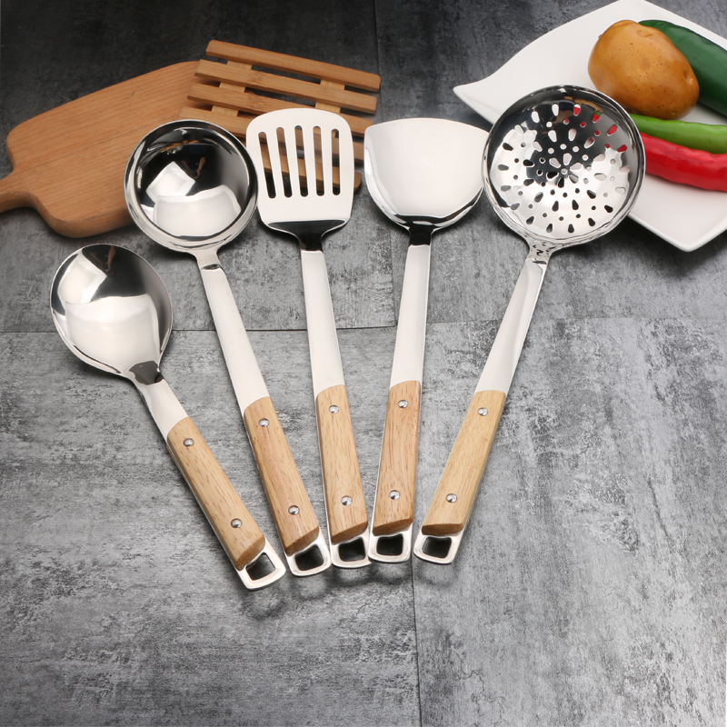 Wooden Handle Cooking Utensils Set Non Stick Stainless Steel Household Utensils For Kitchen Set