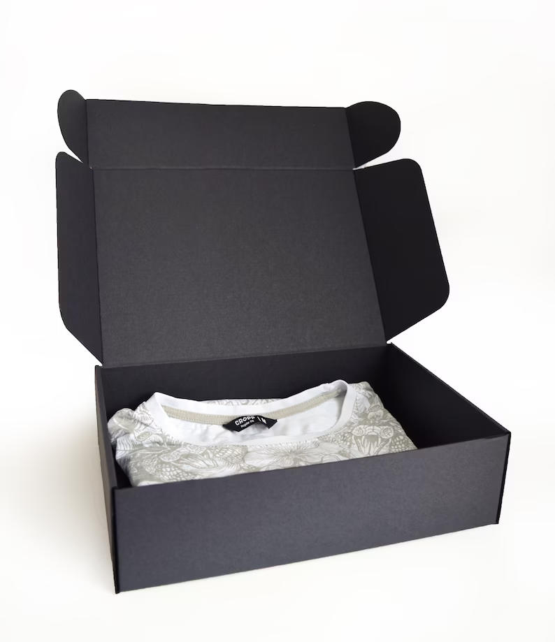 Matte black cardboard box with lid, clothing packaging box