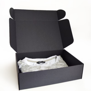 Matte black cardboard box with lid, clothing packaging box