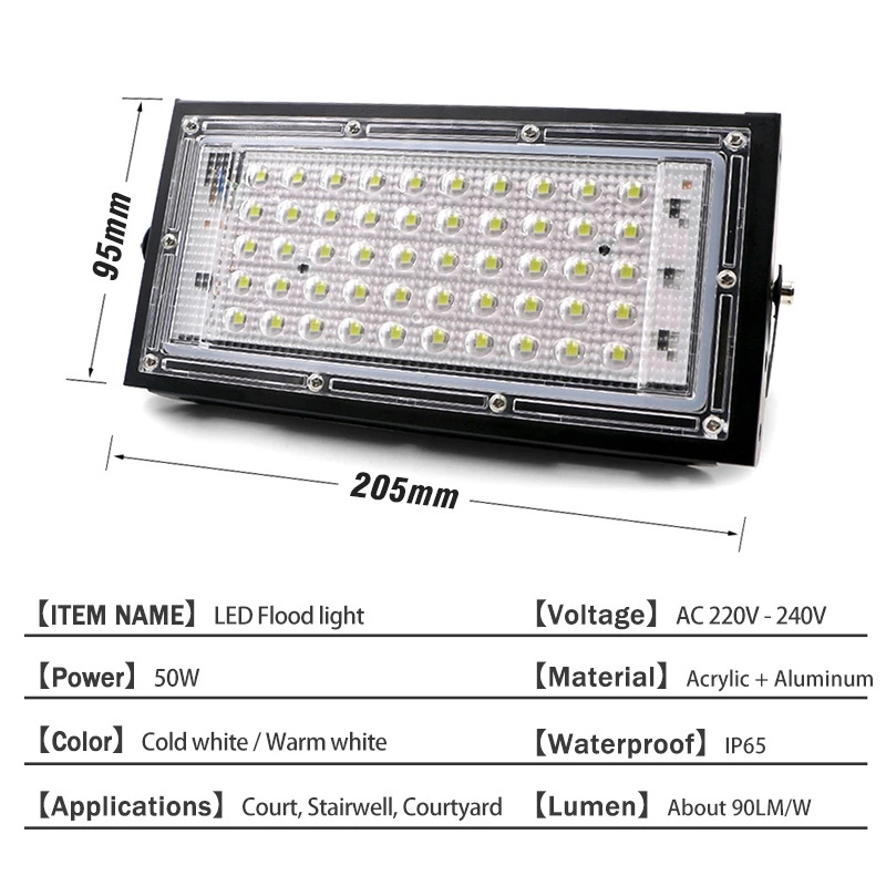 LED Flood Light 50W 220V 240V Floodlight CHIP IP65 Waterproof Outdoor Wall Reflector Lighting Garden Square Spotlight Cold White