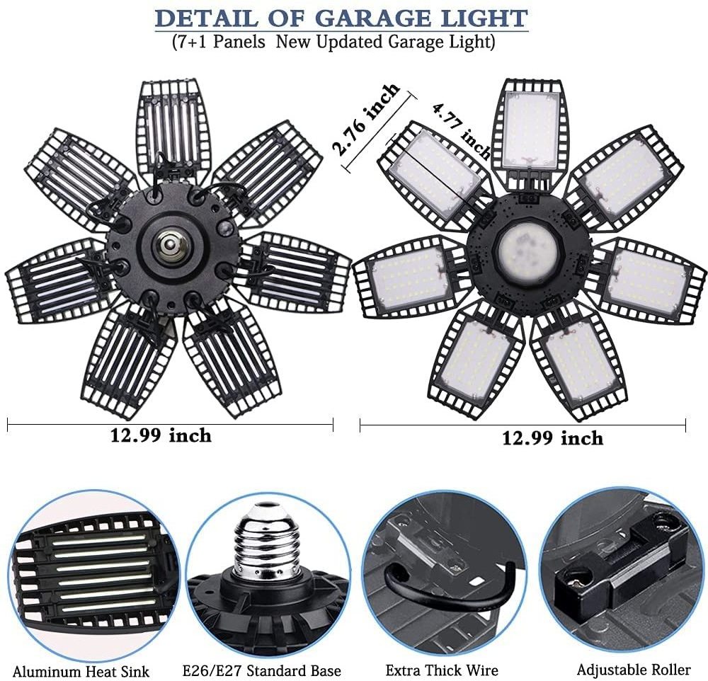 Adjustable Led Garage Lights 300W E26/E27 30000Lm High Brightness High Bay Light fixture 7+1 Deformable Panels Shop Lights