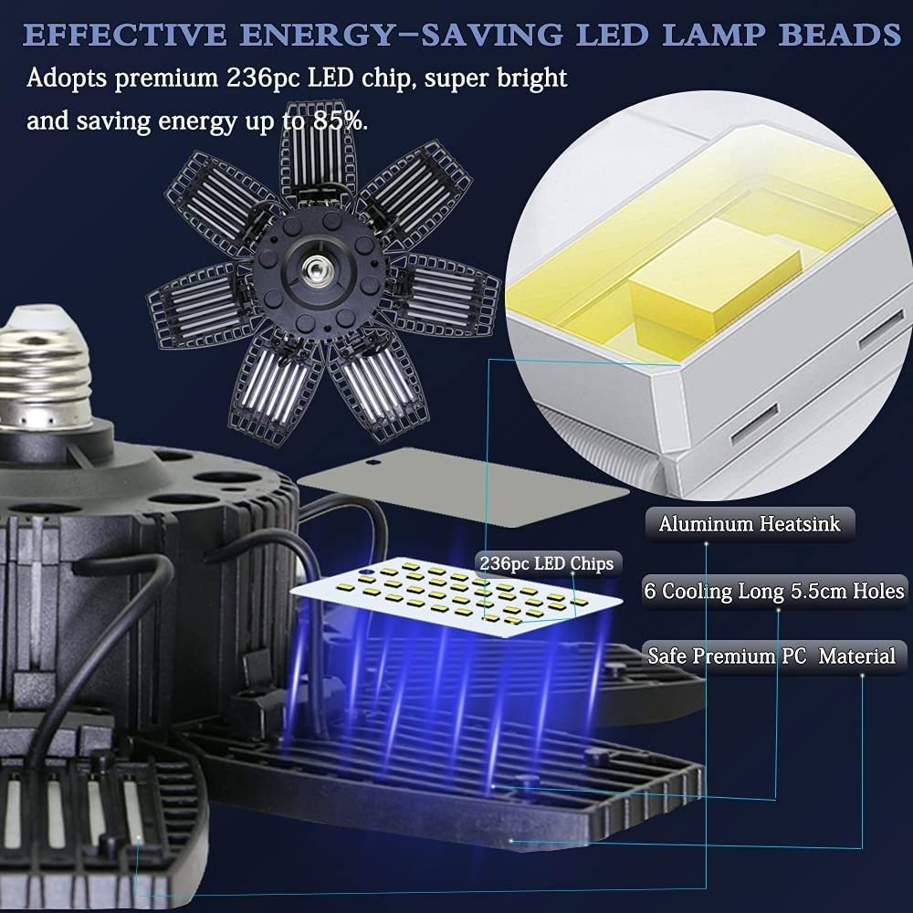 Adjustable Led Garage Lights 300W E26/E27 30000Lm High Brightness High Bay Light fixture 7+1 Deformable Panels Shop Lights