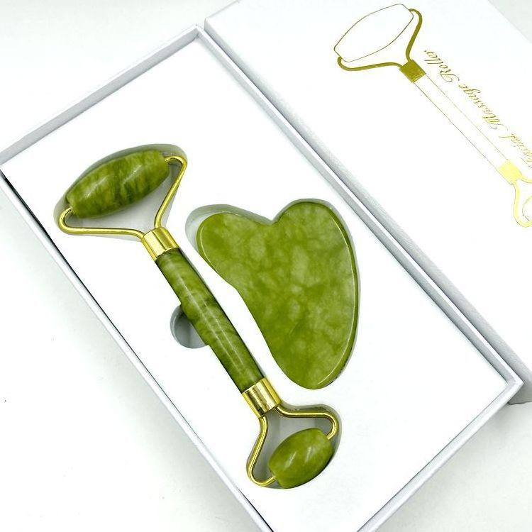 Natural Green Jade Facial Massage Roller Gua Sha Board Jade Stone Set for Scraping Therapy