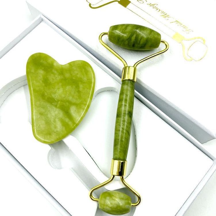 Natural Green Jade Facial Massage Roller Gua Sha Board Jade Stone Set for Scraping Therapy