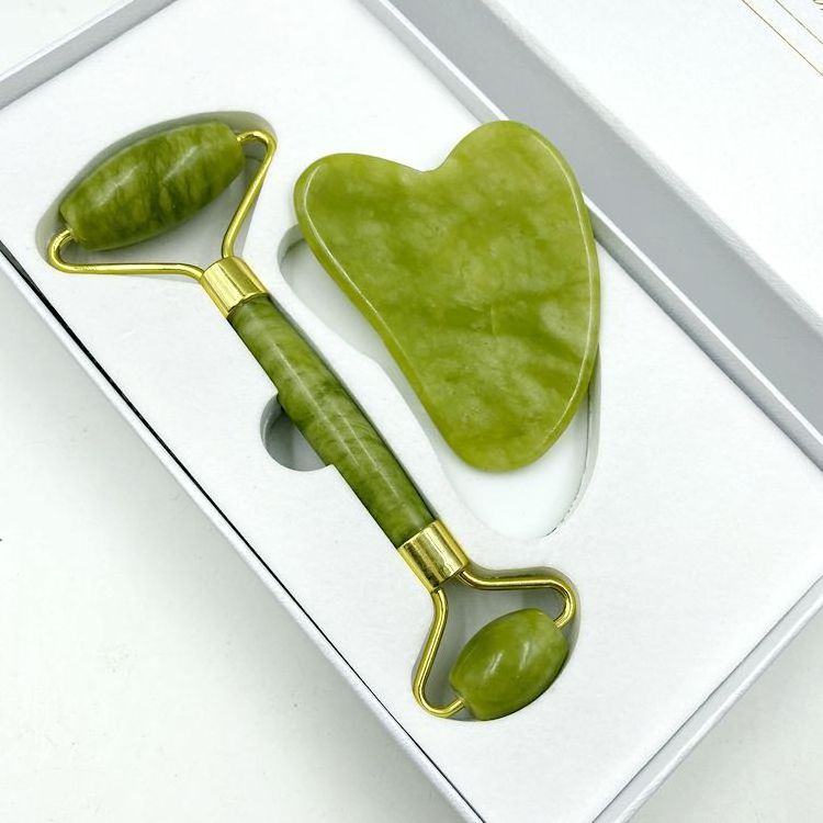 Natural Green Jade Facial Massage Roller Gua Sha Board Jade Stone Set for Scraping Therapy