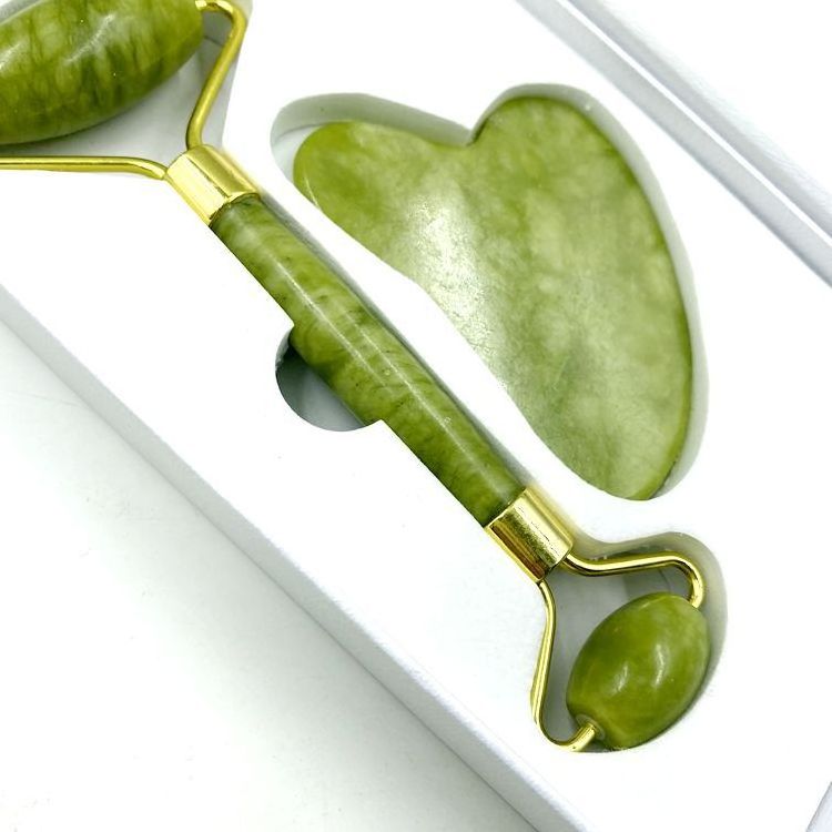 Natural Green Jade Facial Massage Roller Gua Sha Board Jade Stone Set for Scraping Therapy