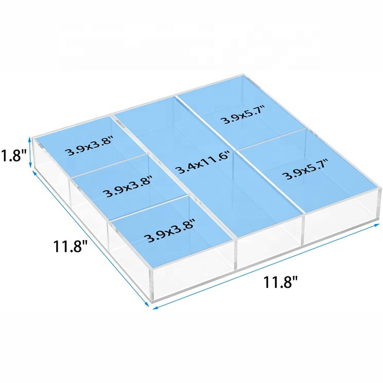 Custom 12x12 Square Shallow Clear Plastic Drawer Organizer Tray Acrylic Tray With Dividers