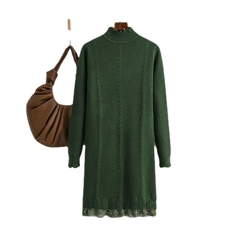 Solid color inside with half turtleneck twist knit dress women's autumn winter small lace patchwork bottom sweater dress