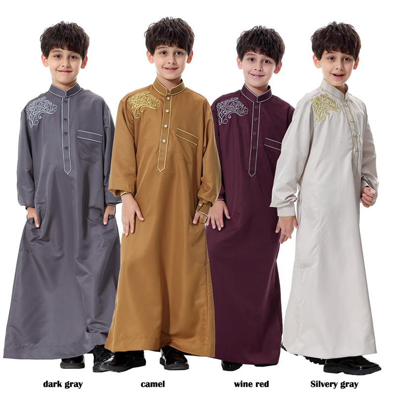 2024 Graceful Middle East Kids Thobe Embroidery Shoulder Front Buttons Arabic Thobe Cuff Sleeves Daffah Al Haramain Thobe