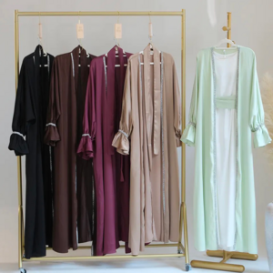 2023 Latest Islamic Muslim Women Open Abaya Trumpet Sleeve Beaded Satin Solid Color Cardigan Women Abaya