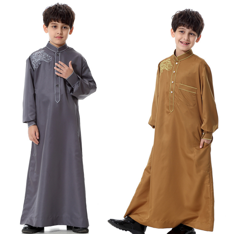 2024 Graceful Middle East Kids Thobe Embroidery Shoulder Front Buttons Arabic Thobe Cuff Sleeves Daffah Al Haramain Thobe