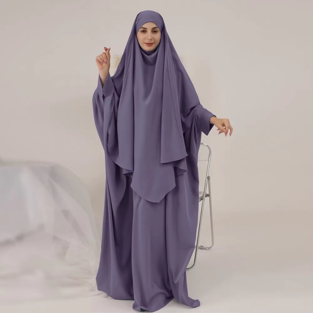 Traditional Muslim Modest Prayer Abaya Dress Robe Solid Color Nida Bat Sleeves Jilbab Abaya Muslim Dress Abaya and khimar set