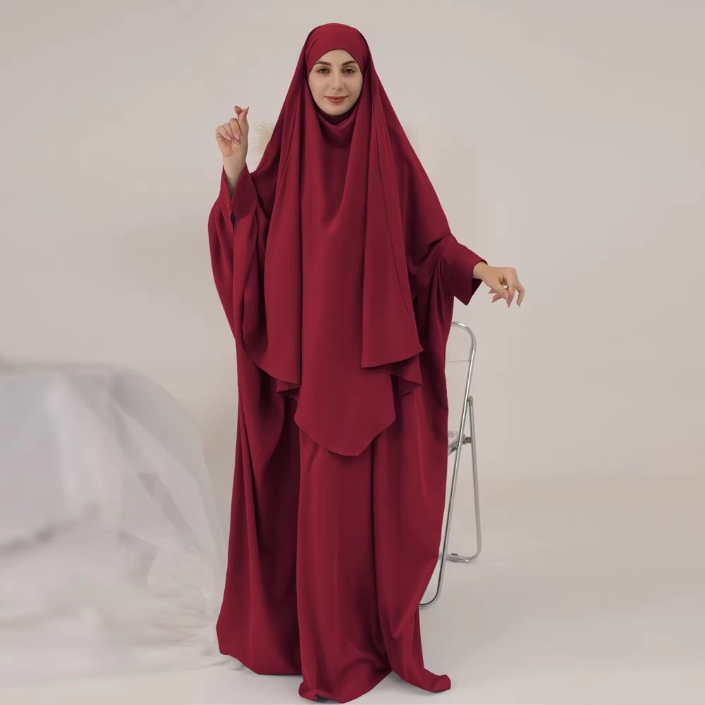 Traditional Muslim Modest Prayer Abaya Dress Robe Solid Color Nida Bat Sleeves Jilbab Abaya Muslim Dress Abaya and khimar set