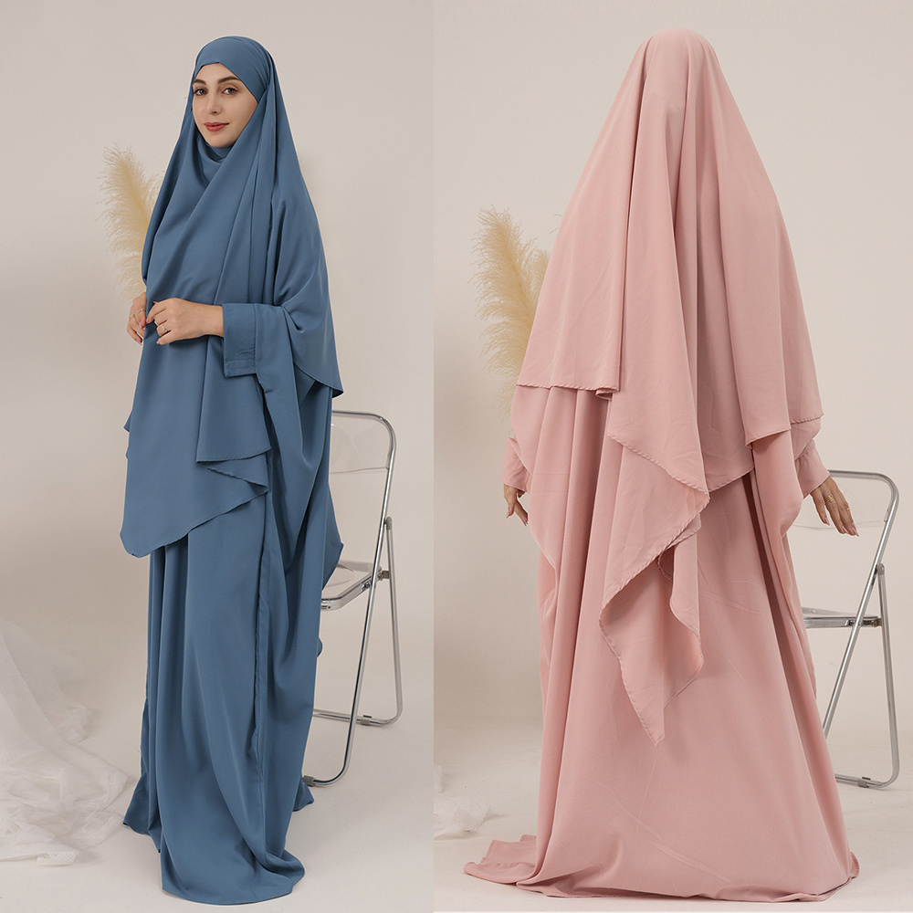 Traditional Muslim Modest Prayer Abaya Dress Robe Solid Color Nida Bat Sleeves Jilbab Abaya Muslim Dress Abaya and khimar set