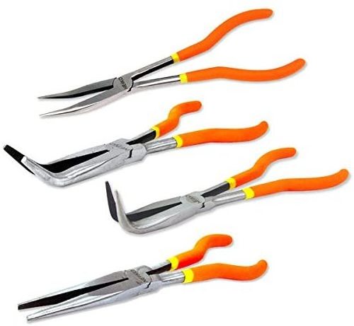 Long Nose Plier 4 Needle Nose Pliers Set 11 inch Long Reach Straight Angle Curved Pliers 45 and 90 Degree