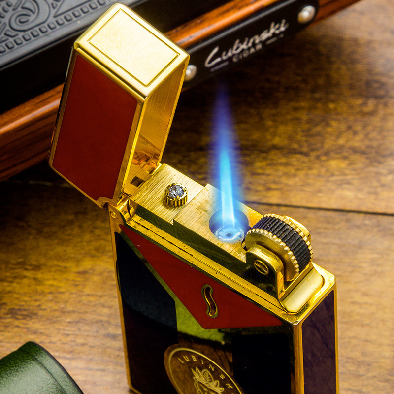 LUBINSKI lighter with leather case gift box with pure copper-blue flame blast