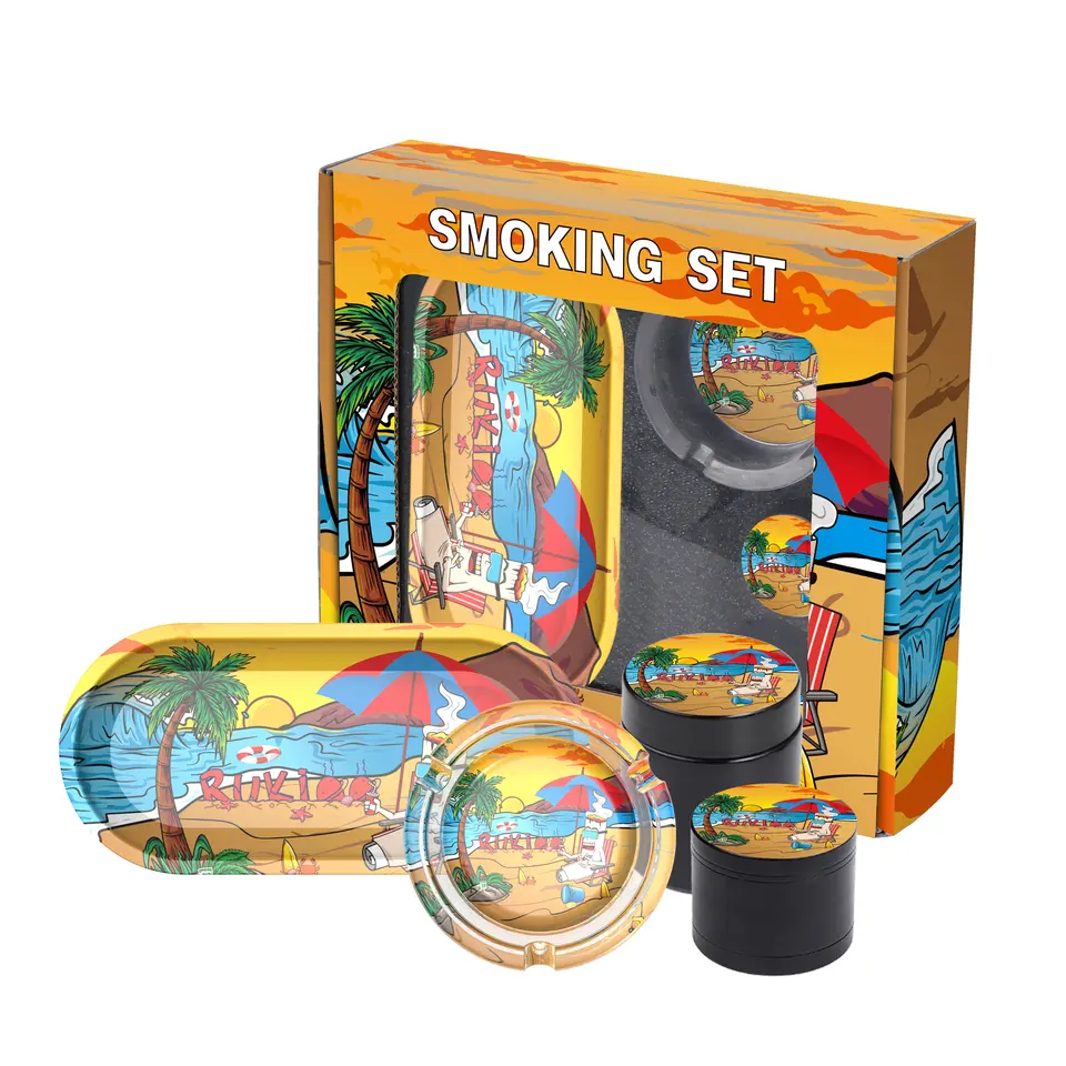 New Arrival 5 in 1 Custom Smoking Kit Set Tobacco Herb Grinder Glass Ashtray Rolling Tray Metal Jar Smoking Set