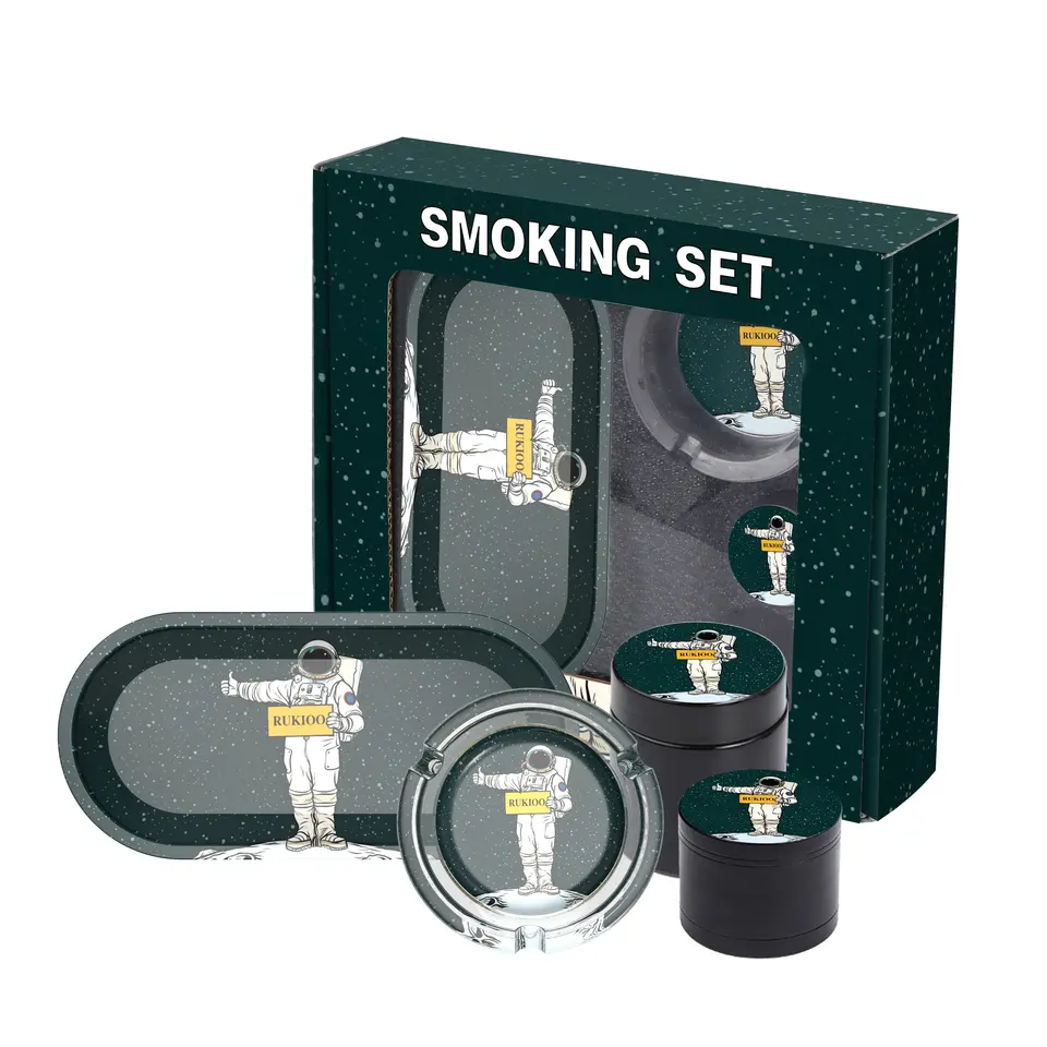 New Arrival 5 in 1 Custom Smoking Kit Set Tobacco Herb Grinder Glass Ashtray Rolling Tray Metal Jar Smoking Set