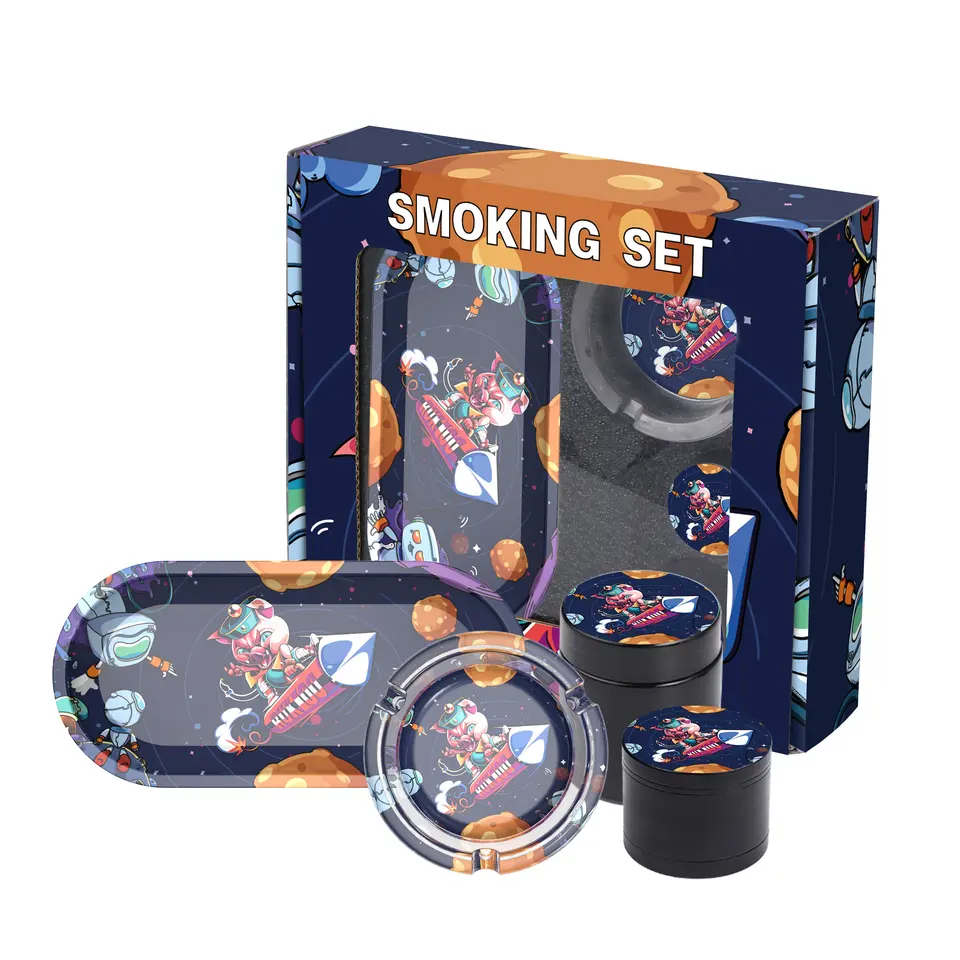 New Arrival 5 in 1 Custom Smoking Kit Set Tobacco Herb Grinder Glass Ashtray Rolling Tray Metal Jar Smoking Set