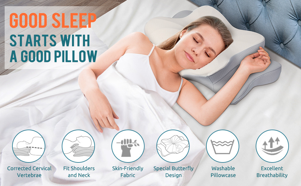 Cervical Pillow Contour Memory Foam Ergonomic Orthopedic Neck Support Pillow for Side Back Stomach Sleepers for Neck Pain Relief