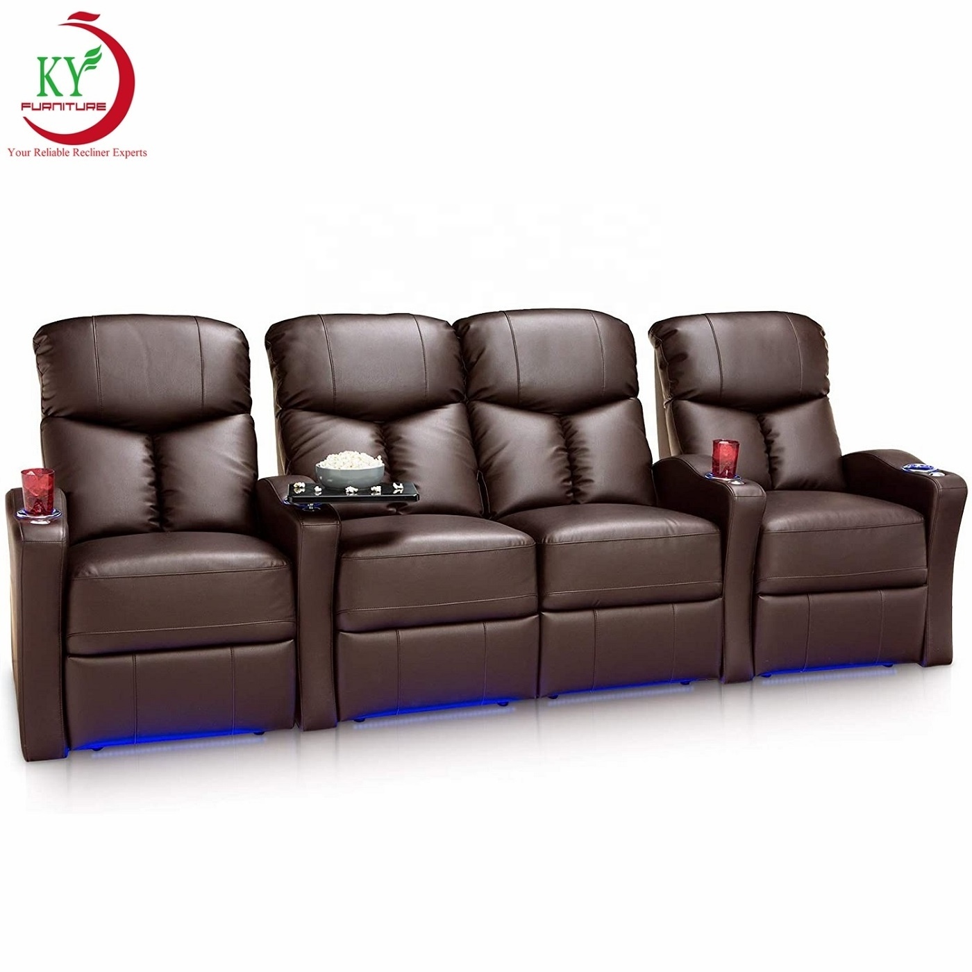 JKY Furniture Theater Furniture Sofa Home Cinema Leather Recline Electric With LED Lights And Tray Tables For Living Room