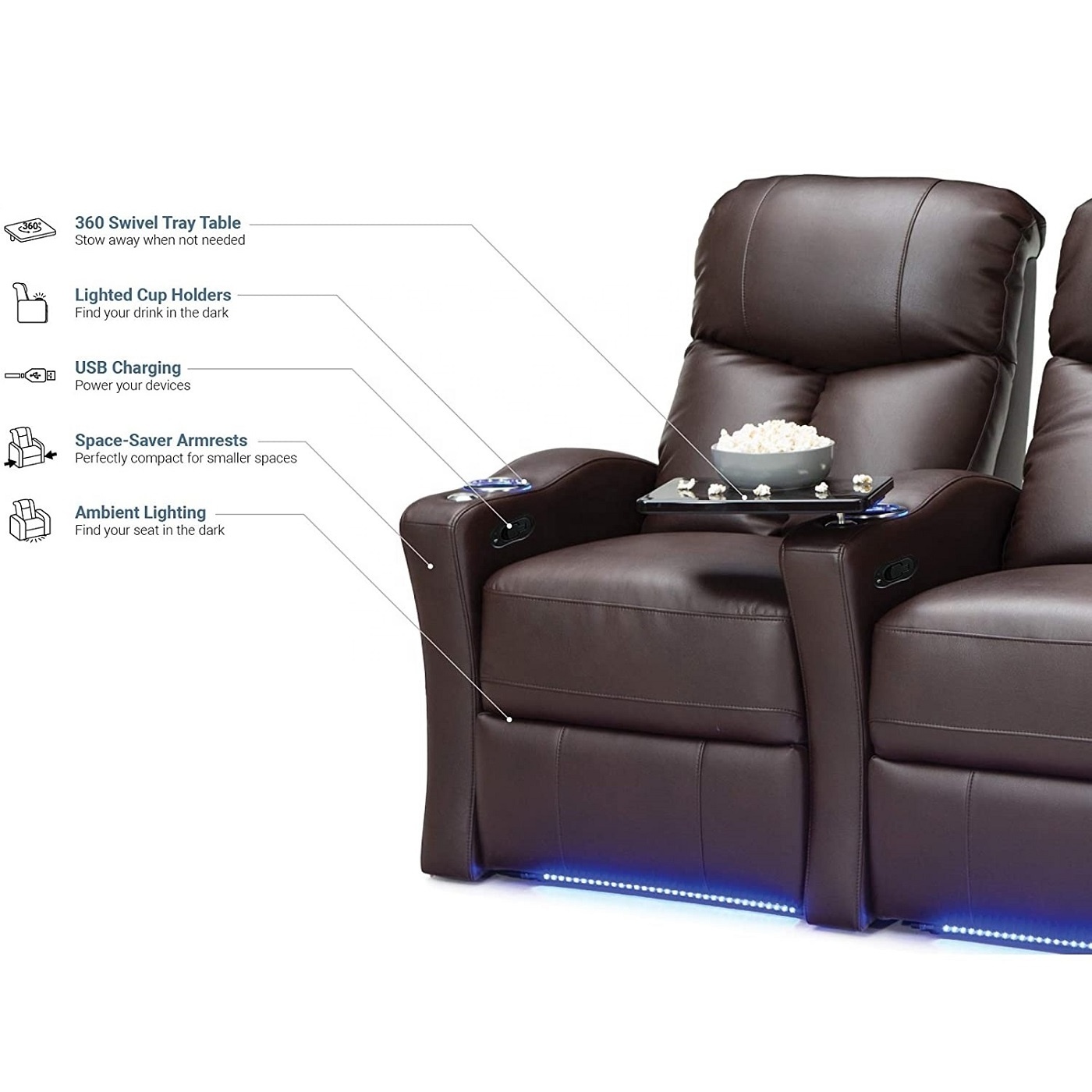 JKY Furniture Theater Furniture Sofa Home Cinema Leather Recline Electric With LED Lights And Tray Tables For Living Room