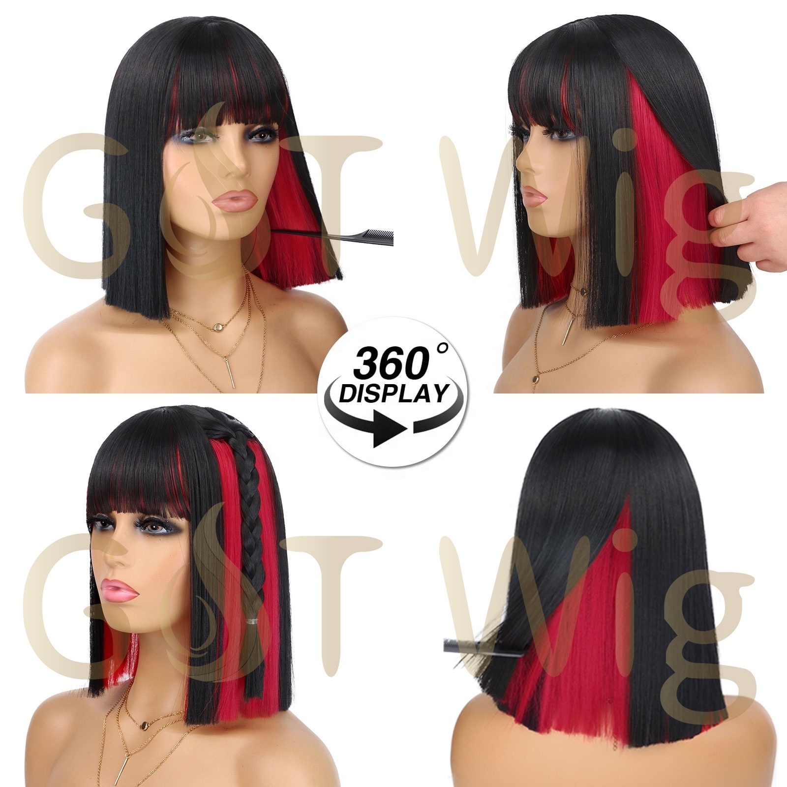 G&T Wig Black and Red Bob Wig with Bangs 12 Inch Short Straight Bob Bangs Hair Two Color Peekaboo Bob High Temperature Fiber Wig